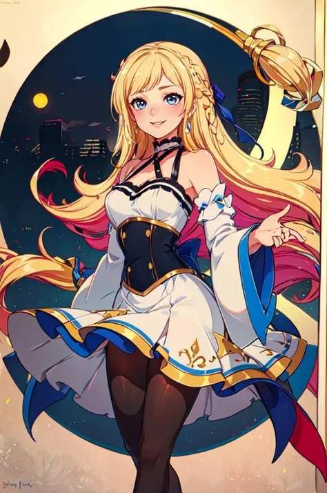 <lora:Merunyaa_Style_Dim32:0.75> <lora:Marina_Lucce_Maxetto_OC_v2:0.5> smile, Marina_Lucce_Maxetto_OC, 1girl, solo, blonde, very long hair, french braid, hair ribbon, frilled choker, criss-cross halter, sleeveless dress, high-waist skirt, backless dress, waist bow, detached sleeves, frilled sleeves, wide sleeves, pantyhose,, ultra detailed, masterpiece, best quality, aesthetic, detailed,