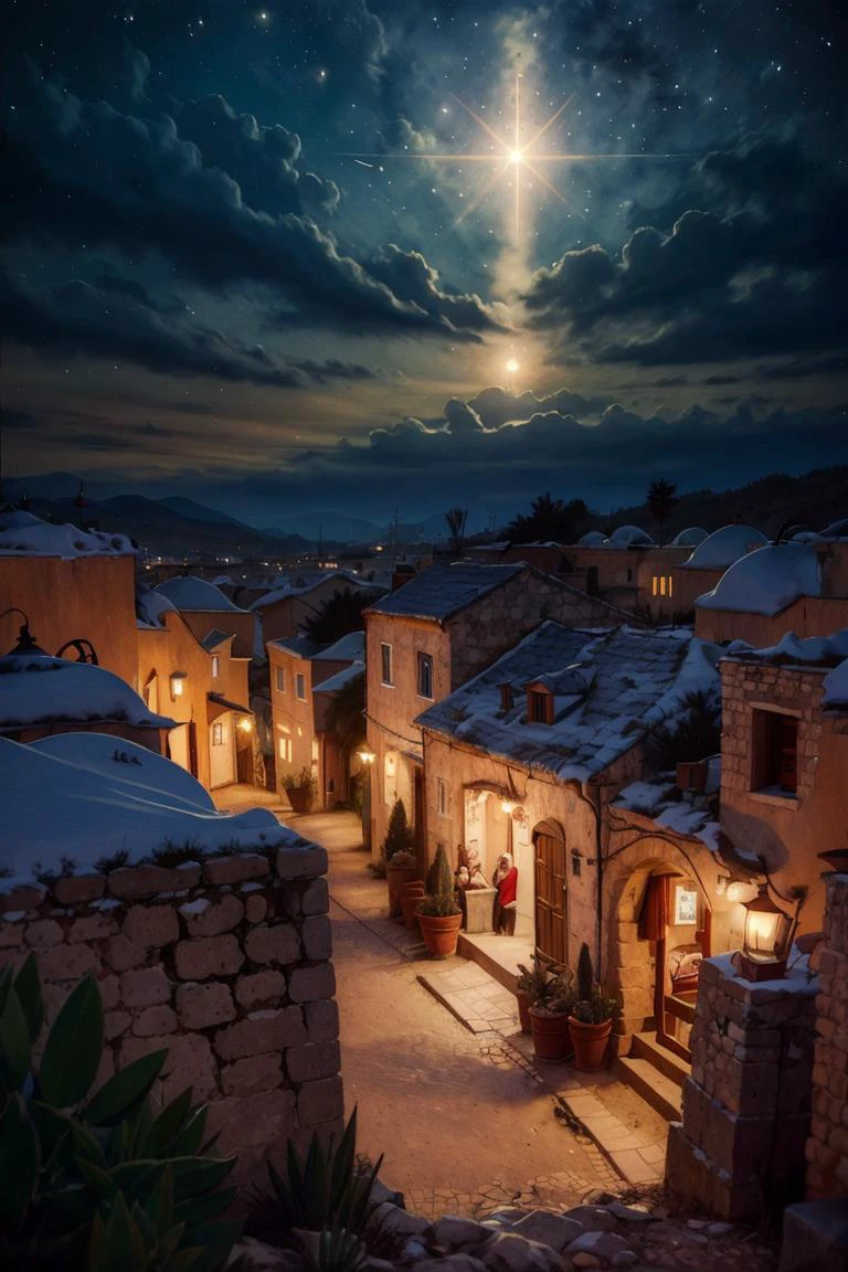 <lora:Merunyaa_Style_Dim32:0.8>, ((masterpiece,best quality)), <lora:Star_of_Bethlehem:0.8>, Star_of_Bethlehem, night sky, starry sky, glowing, small village