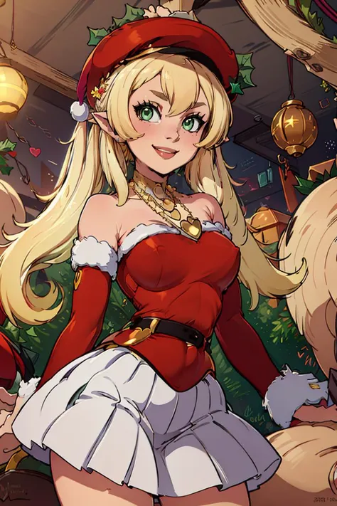 <lora:Merunyaa_Style_Dim32:0.8>,((masterpiece,best quality)), absurdres, <lora:Klee_Adult_Christmas:0.8>, Klee_Adult_Christmas, pointy ears, green eyes, santa hat, mistletoe on hat, red shirt, bare shoulders, detached red sleeves, blonde, heart necklace, jewelry, twintails, white skirt, solo, smiling, looking at viewer, cowboy shot,