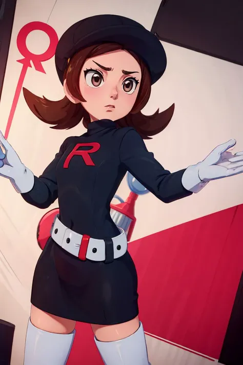 <lora:Merunyaa_Style_Dim32:0.8>,((masterpiece, best quality)), <lora:LyraRocketV2:0.7>, lyra \(pokemon\), team rocket, team rocket uniform, black dress, long sleeves, white belt, white gloves, elbow gloves, white thigh boots, black headwear