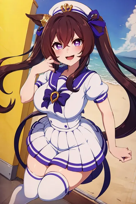 <lora:Merunyaa_Style_Dim32:0.8>, absurdres, highres, ultra detailed, smile,open mouth,standing, looking at viewer,tracen school uniform, summer uniform, serafuku, puffy short sleeves, bowtie, horseshoe ornament, sailor collar, sailor shirt, frills, white skirt, purple shirt, miniskirt, zettai ryouiki, white thighhighs, brown footwear, shoes,<lora:viblos_v1:0.65>,viblos \(umamusume\),twintails, brown hair, long hair, hat,large breasts, purple eyes, multicolored hair, ear ornament, hair ribbon,