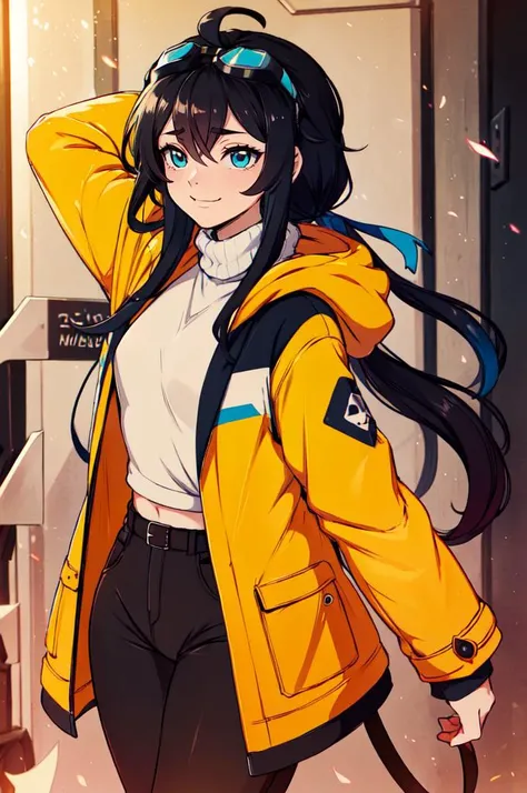 <lora:Merunyaa_Style_Dim32:0.75> cowboy shot,, ultra detailed, masterpiece, best quality, aesthetic, detailed,, solo, soft smile, light smile, 1girl, aqua eyes, black hair, <lora:low_ponytail-1.0:0.95> low ponytail, ahoge, absurdly long hair, very long hair, hair flaps, hair between eyes, bangs, messy hair, small breasts, (goggles on head:1.1),, hooded coat, open coat, turtleneck, pants, black knee boots, multiple straps, white coat, layered clothes, hair ribbon, pants under skirt,