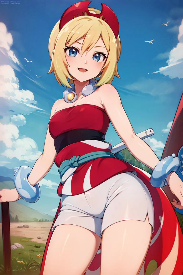 <lora:Merunyaa_Style_Dim32:0.8>, ((masterpiece,best quality)), absurdres, <lora:irida_(pokemon)_v1:0.7>, aairida, short hair, red hairband, neck ring, collar, strapless shirt, red shirt, bracelet, sash, waist cape, white shorts, bare legs, solo, smiling, looking at viewer, cowboy shot, ,
