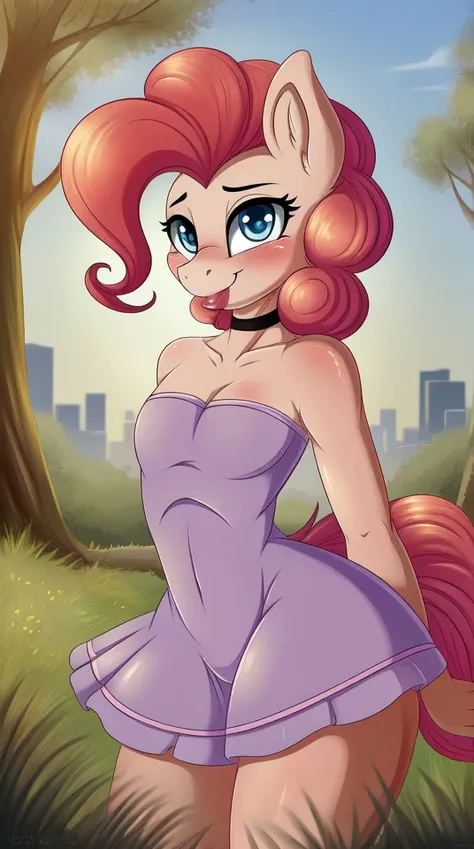highres,bright,beautiful light,masterpiece,perfect lighting,bloom,cityscape,cinematic lighting,park,outdoors,tree,grass,(day:1.3) BREAK adult,my little pony,pinkie pie,blue eyes,(sensual:0.7),choker,standing,looking at viewer,cowboy shot,female,skinny,smile,pursed lips,((glossy lips)),narrow waist,perfect skin,detailed eyes,skin tight,shiny,oily skin,glossy skin,pink dress,<lora:Merunyaa_Style_Dim32:0.7>,