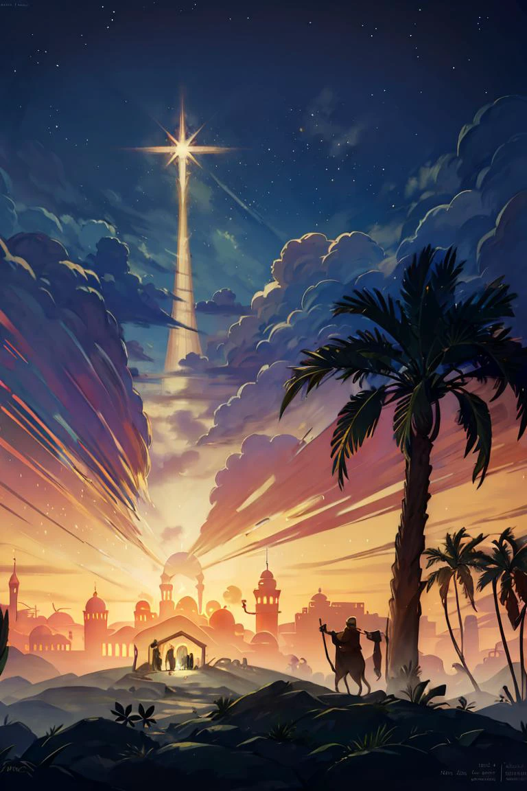 <lora:Merunyaa_Style_Dim32:0.8>, ((masterpiece,best quality)), absurdres, <lora:Star_of_Bethlehem:0.8>, Star_of_Bethlehem, night sky, starry sky, glowing, outdoors, tree, building, green theme, palm tree, silhouette