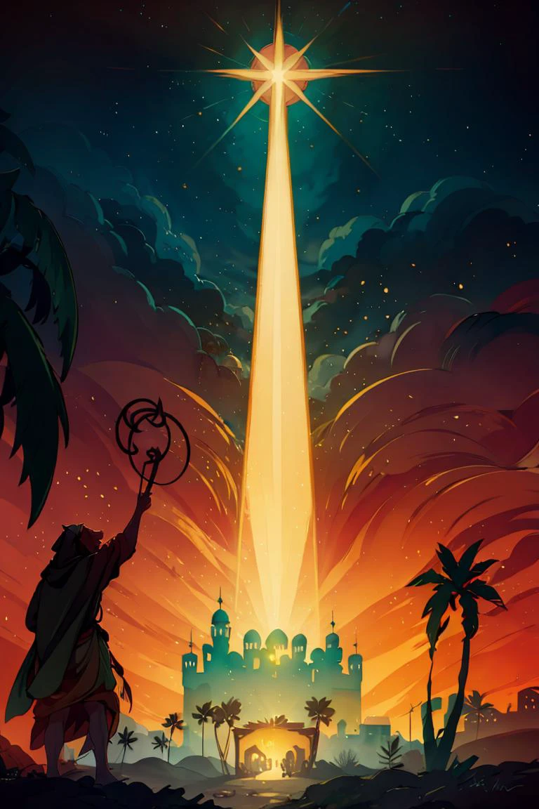 <lora:Merunyaa_Style_Dim32:0.8>, ((masterpiece,best quality)), <lora:Star_of_Bethlehem:0.8>, Star_of_Bethlehem, night sky, starry sky, glowing, outdoors, tree, building, green theme, palm tree, silhouette