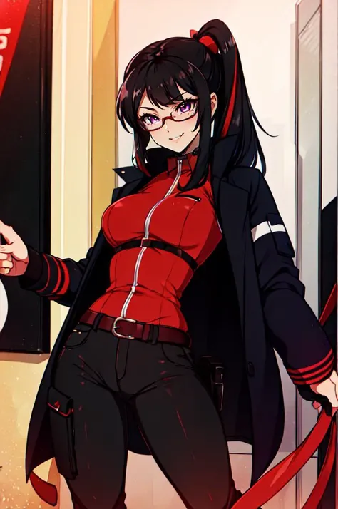 <lora:Merunyaa_Style_Dim32:0.75> cowboy shot,, ultra detailed, masterpiece, best quality, aesthetic, detailed,, solo, smug smile, 1girl, purple eyes, red-framed eyewear, (black hair, red colored tips:1.2), red streaked hair, very long hair, side ponytail, tied hair, medium breasts,, <lora:StS-Coat-and-Jacket-On-Shoulders-Iteration2:0.7> dataset, jacket on shoulders, coat on shoulders, red dress, sleeves rolled up, fingerless gloves, holster, belt, multiple belts, combat boots, bulletproof vest, pants, black coat, tactical clothes,