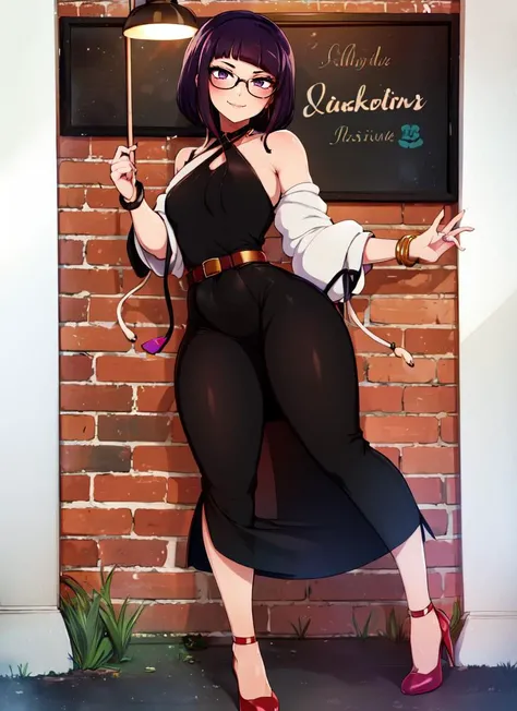 ((best quality)), ((highly detailed)), masterpiece, , (1girl), (glasses), dynamic pose, full body, (((wide shot))), ((criss-cross halter)), <lora:jirou_kyouka:.8>, jirou_kyouka, short hair, purple hair, blunt bangs, sidelocks, purple eyes, long earlobes, small breasts, smiling, black dress, long dress, skirt, collarbone, long sleeves, see-through sleeves, belt, collar, bracelet, high heels, (outside, <lora:alley-wasabi:1>, allywall, brick wall, lamp, sunset), <lora:Merunyaa_Style_Dim32:.75>