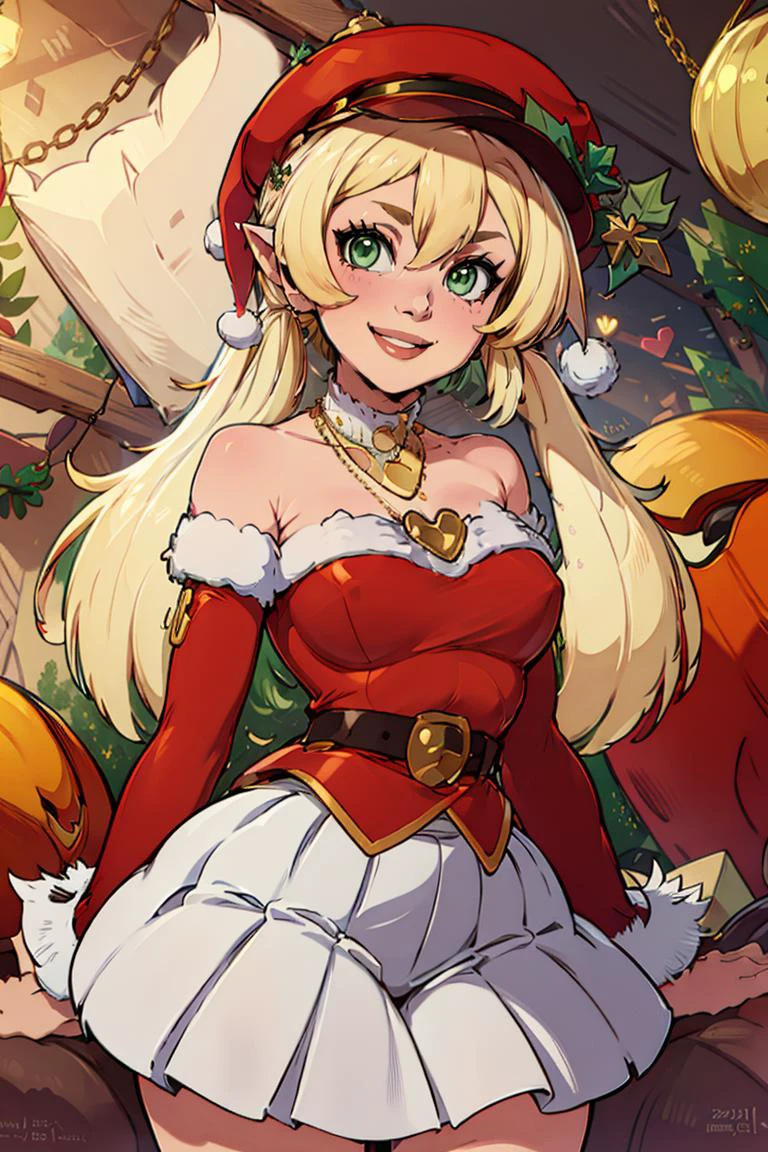 <lora:Merunyaa_Style_Dim32:0.8>,((masterpiece,best quality)), absurdres, <lora:Klee_Adult_Christmas:0.8>, Klee_Adult_Christmas, pointy ears, green eyes, santa hat, mistletoe on hat, red shirt, bare shoulders, detached red sleeves, blonde, heart necklace, jewelry, twintails, white skirt, solo, smiling, looking at viewer, cowboy shot,