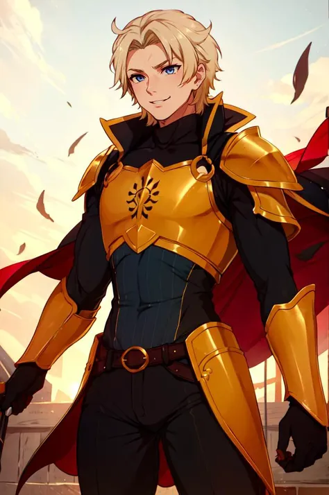 <lora:Merunyaa_Style_Dim32:0.75> cowboy shot,, ultra detailed, masterpiece, best quality, aesthetic, detailed,, solo, smile, 1boy, blue eyes, medium blonde hair, parted bangs, hair intakes, male focus, muscular male,, armor, pauldrons, cuirass, gauntlets, waist cape, greaves, black bodysuit, surcoat, shoulder sash, wing shoulder armor, cape, pants,