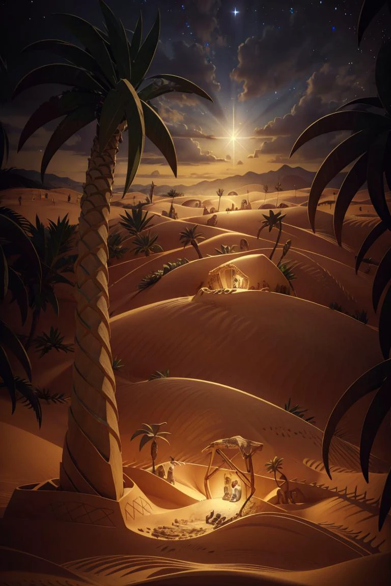 <lora:Merunyaa_Style_Dim32:0.8>, ((masterpiece,best quality)), <lora:Star_of_Bethlehem:0.8>, Star_of_Bethlehem, night sky, starry sky, sand, palm tree, silhouette, sand sculpture, sand