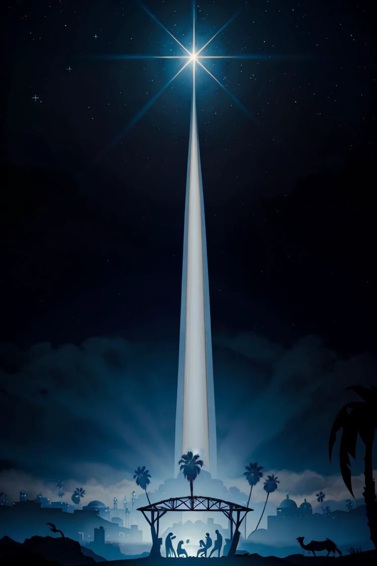 <lora:Merunyaa_Style_Dim32:0.8>, ((masterpiece,best quality)), <lora:Star_of_Bethlehem:0.8>, Star_of_Bethlehem, night sky, starry sky, glowing, outdoors, tree, building, blue theme, palm tree, silhouette