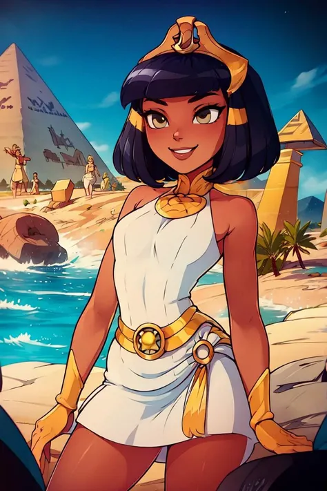 <lora:Merunyaa_Style_Dim32:0.8>,((masterpiece, best quality)), <lora:CleopatraLora-10:0.7>, dark skin, Cleopatra, white dress, smile, tiara, desert, pyramid \(structure\), contrapposto