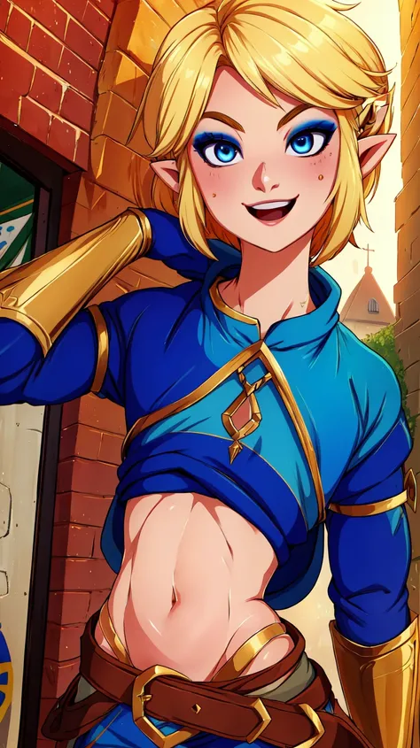 Link,short blond hair,pointy ears,blue eyes,light makeup,
LGear,belt,bridal gauntlets,blue tunic,midriff,groin,
mercenary tavern,outside,village,street,
(insanely detailed, beautiful detailed face, masterpiece, best quality),standing,upper body,smiling,
<lora:fbLink-10v6:0.7>,<lora:Merunyaa_Style_Dim32:0.8>,