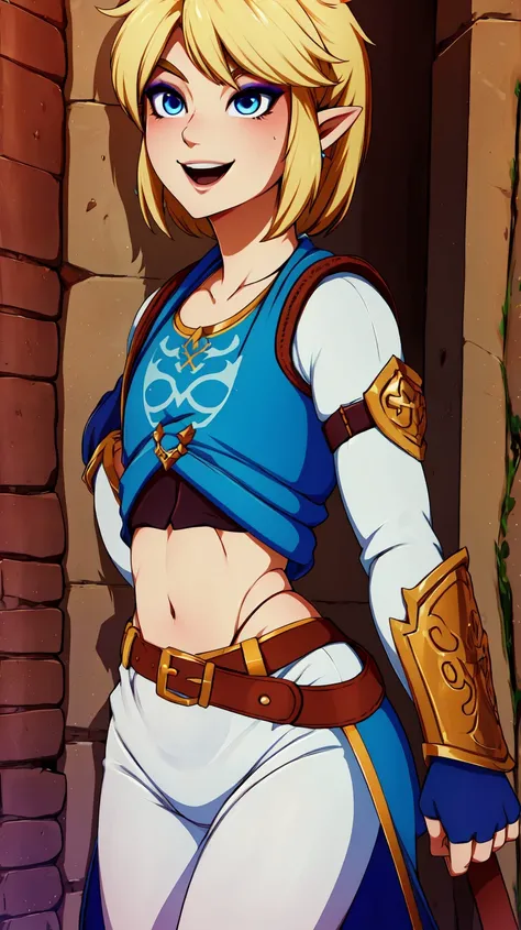 Link,short blond hair,pointy ears,blue eyes,light makeup,
LGear,belt,bridal gauntlets,blue tunic,midriff,groin,
mercenary tavern,outside,village,street,
(insanely detailed, beautiful detailed face, masterpiece, best quality),standing,upper body,smiling,
<lora:fbLink-10v6:0.7>,<lora:Merunyaa_Style_Dim32:0.8>,