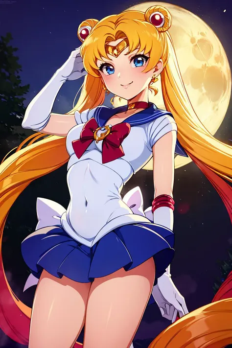 <lora:Merunyaa_Style_Dim32:0.8>, masterpiece, best quality, highres, 1girl, aausagi, double bun, twintails, parted bangs, circlet, jewelry, earrings, choker, red bow, white gloves, elbow gloves, blue skirt, <lora:sailor_moon_v1:0.7>, standing, cowboy shot, night, outdoors, moon, smile