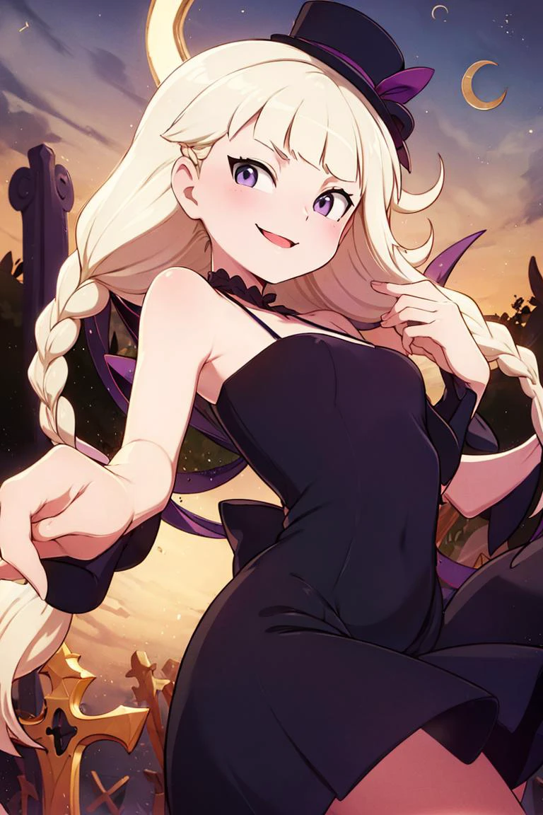 <lora:Merunyaa_Style_Dim32:0.8>,centered, award winning photo, (looking at viewer:1.2), | Haunter_Pokemon, floating | crescent moon, graveyard, | bokeh, depth of field, cinematic composition, | <lora:Haunter_Pokemon_Anime:0.9>, 1girl, purple eyes, smile, very long hair, blonde hair, short hair, blunt bangs, hime cut, ( french braid:1.1), bangs, medium breasts, hair ribbon, frilled choker, criss-cross halter, (purple dress dress:1.1), sleeveless dress, high-waist skirt, backless dress, waist bow, black detached sleeves, frilled sleeves, small top hat,
