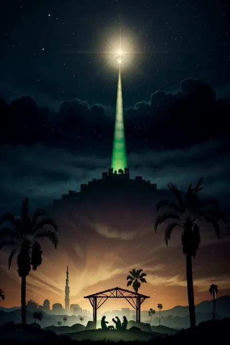 <lora:Merunyaa_Style_Dim32:0.8>, ((masterpiece,best quality)),  <lora:Star_of_Bethlehem:0.8>, Star_of_Bethlehem,  night sky, starry sky, glowing, outdoors, tree, building, green theme, palm tree, silhouette