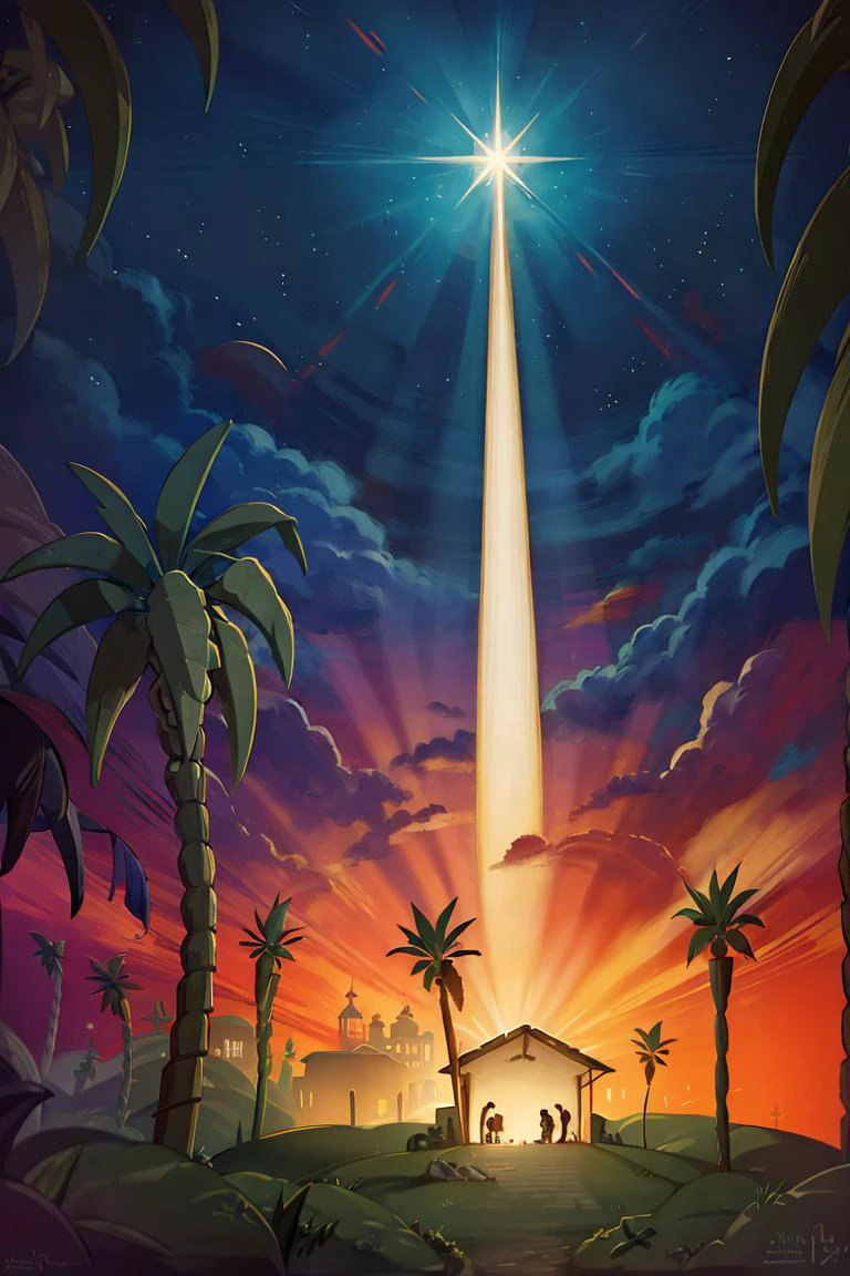 <lora:Merunyaa_Style_Dim32:0.8>, ((masterpiece,best quality)), absurdres, <lora:Star_of_Bethlehem:0.8>, Star_of_Bethlehem, night sky, starry sky, glowing, outdoors, tree, building, green theme, palm tree, silhouette