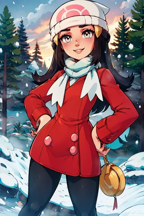 <lora:Merunyaa_Style_Dim32:0.8>,((masterpiece, best quality)), <lora:DawnLora:0.7>, dawn \(pokemon\), forest, pine tree, snow, red coat, white headwear, white scarf, beanie, smile, hand on hip, contrapposto