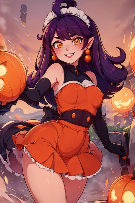 <lora:Merunyaa_Style_Dim32:0.8>, ((masterpiece,best quality)), absurdres, <lora:Stardust_Pumpkins_Citron_OC_Anime:0.8>, Stardust_Pumpkins_Citron_OC, 1girl, solo, long purple hair, orange eyes, ahoge, pointy ears, orange dress, elbow gloves, bare shoulders, maid headdress, jewelry, earrings, solo, smiling, looking at viewer, cowboy shot, , ,