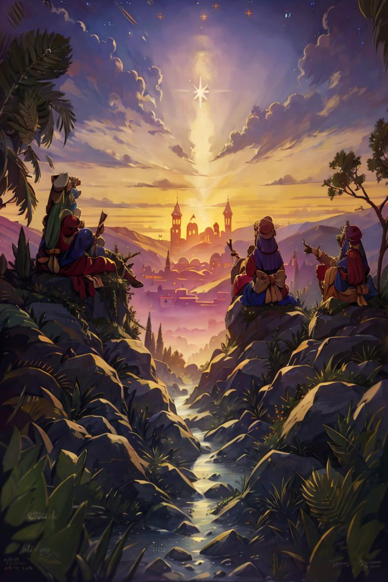<lora:Merunyaa_Style_Dim32:0.8>, ((masterpiece,best quality)), absurdres, <lora:Star_of_Bethlehem:0.8>, Star_of_Bethlehem, night sky, starry sky, multiple girls, hat, sitting, outdoors, tree, mountain