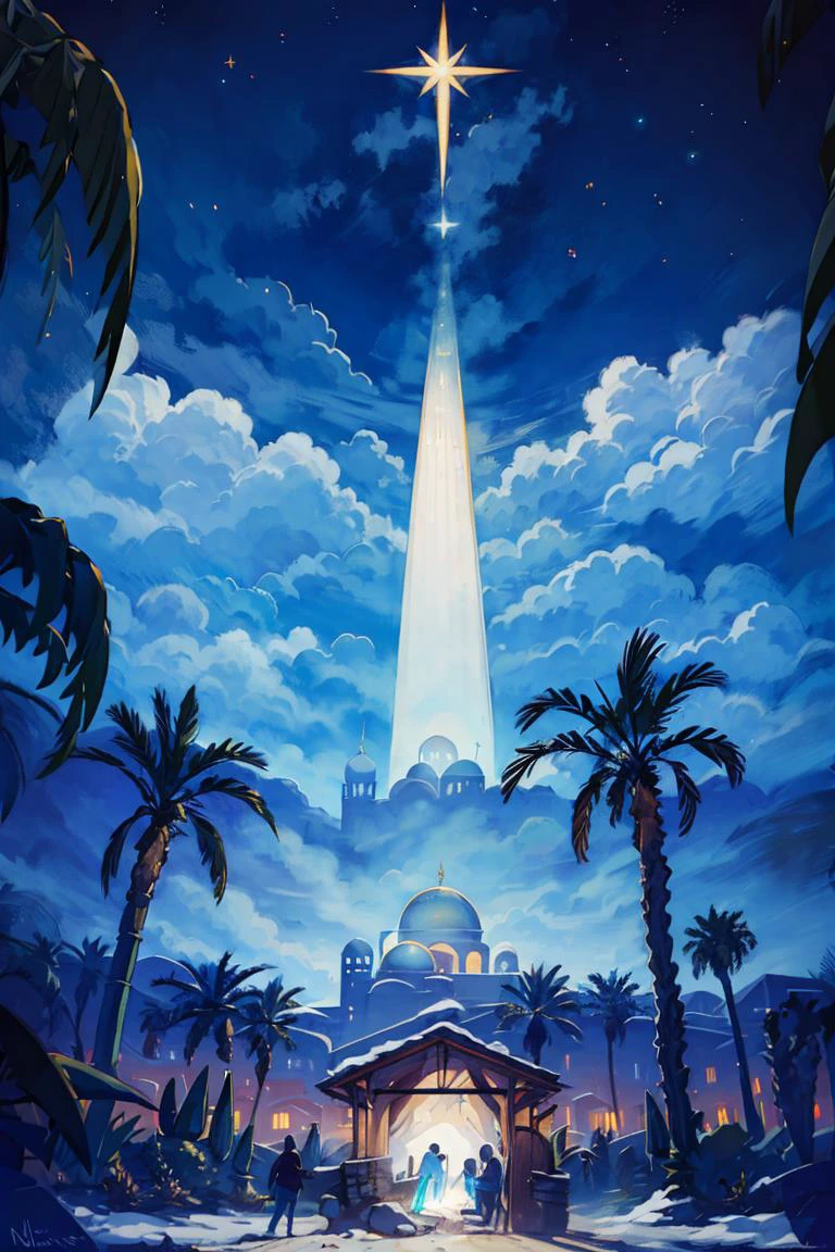 <lora:Merunyaa_Style_Dim32:0.8>, ((masterpiece,best quality)), absurdres, <lora:Star_of_Bethlehem:0.8>, Star_of_Bethlehem, night sky, starry sky, glowing, outdoors, tree, building, blue theme, palm tree, silhouette