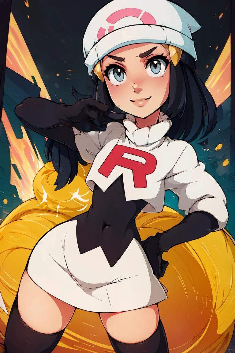 <lora:Merunyaa_Style_Dim32:0.8>,((masterpiece, best quality)), <lora:DawnLora:0.7>, dawn \(pokemon\), team rocket uniform, white jacket, cropped jacket, white skirt, glare, smile, white headwear, beanie, black gloves, elbow gloves, black thighhighs, hand on hip, contrapposto,