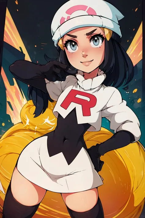 <lora:Merunyaa_Style_Dim32:0.8>,((masterpiece, best quality)),   <lora:DawnLora:0.7>, dawn \(pokemon\), team rocket uniform, white jacket, cropped jacket, white skirt, glare, smile, white headwear, beanie, black gloves, elbow gloves, black thighhighs, hand on hip, contrapposto,