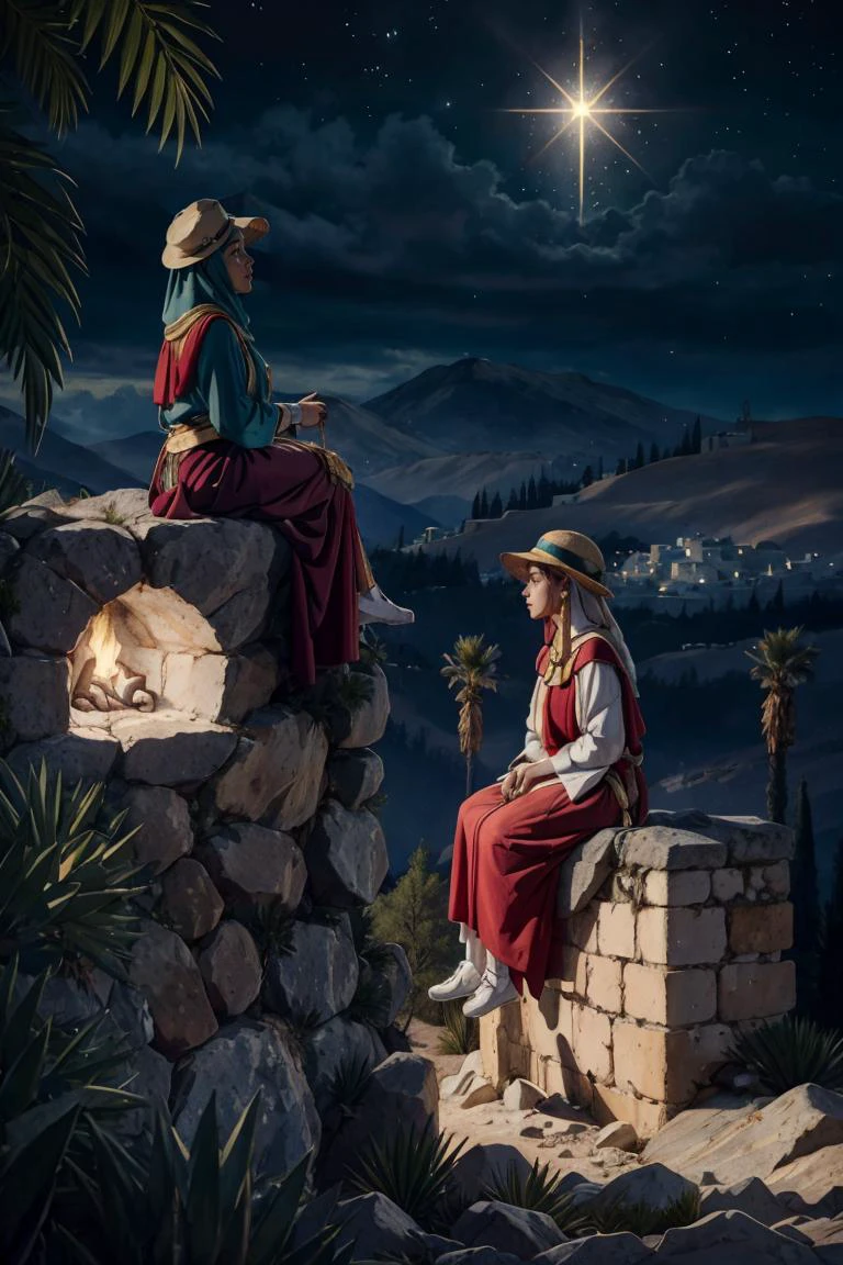 <lora:Merunyaa_Style_Dim32:0.8>, ((masterpiece,best quality)), <lora:Star_of_Bethlehem:0.8>, Star_of_Bethlehem, night sky, starry sky, multiple girls, hat, sitting, outdoors, tree, mountain