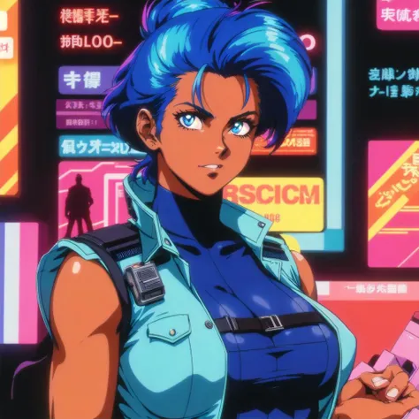 a cyberpunk policewoman, high quality, 1980s anime style, tanned skin, high quality, ultra intricate,