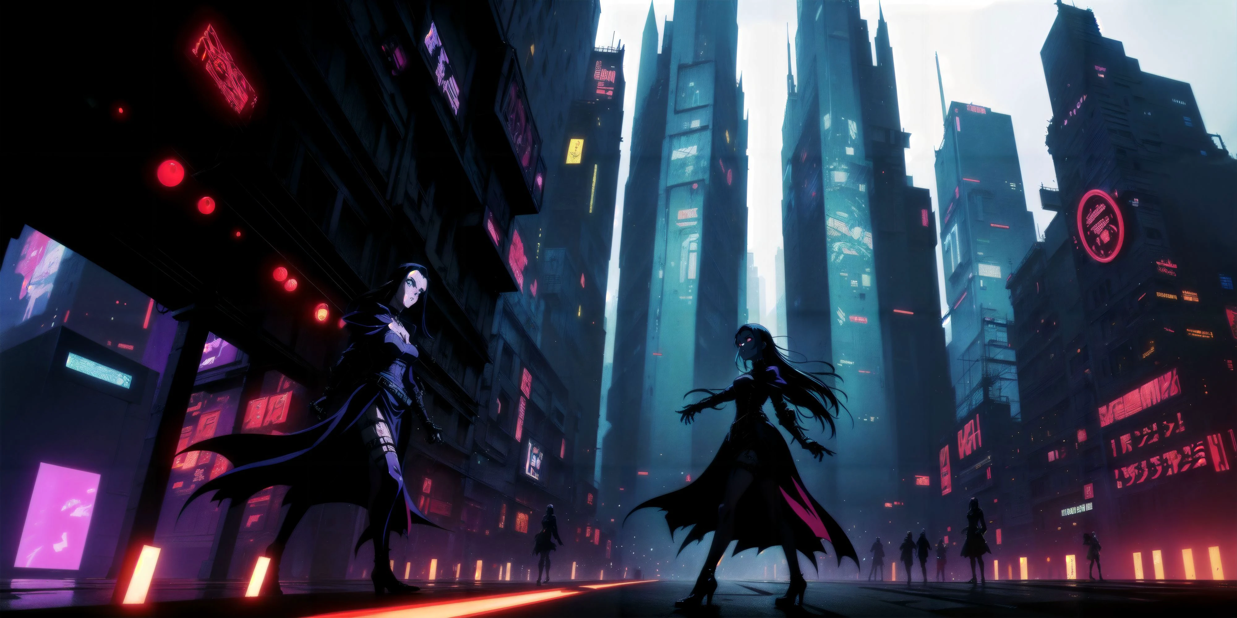Generate a stunning (gothic architecture,  cyberpunk,  retro anime style:1.5),  a true [masterpiece] [best quality] of art.  [focus, solo, 1girl, ()dark skin:1.5, highly detailed gohtic dress, belt, walking]. Background in  [grand scale:1.5, panorama:1.5]. The image showcases [detailed linework], [dynamic shading], and [dramatic lighting], bringing to life a [dreading atmosphere, grim dark coloures].