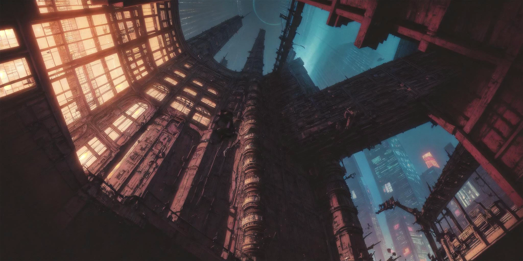 Generate a stunning (gothic architecture:1, cyberpunk, retro anime style:1.8), a true [masterpiece] [best quality] of art.
BREAK;
[full body, solo, 1girl, (dark skin:1), highly detailed gohtic dress, bodysuit, jacket,  belt,].
BREAK;
Background in [grand scale:1.5, panorama:1.5].  The image showcases [detailed linework], [dynamic shading], and [dramatic lighting], bringing to life a [dreading atmosphere, grim dark coloures].