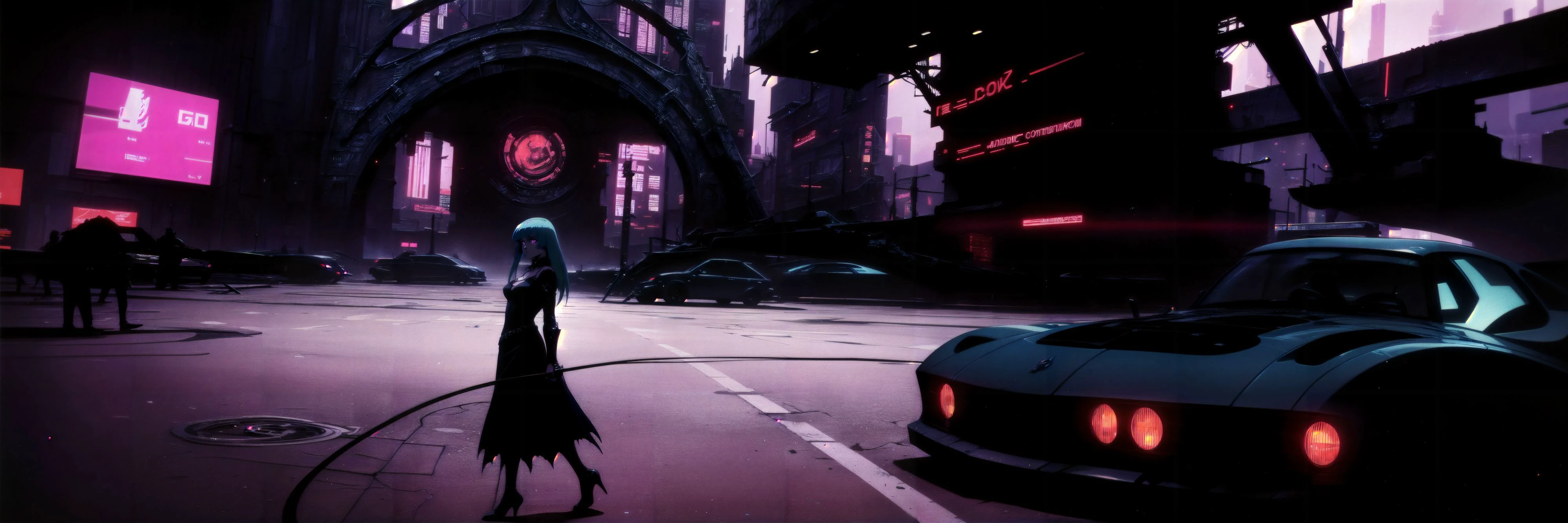 Generate a stunning (gothic architecture,  cyberpunk,  retro anime style:1.5),  a true [masterpiece] [best quality] of art.  [focus, solo, 1girl, ()dark skin:1.5, highly detailed gohtic dress, belt, walking]. Background in  [grand scale:1.5, panorama:1.5]. The image showcases [detailed linework], [dynamic shading], and [dramatic lighting], bringing to life a [dreading atmosphere, grim dark coloures].