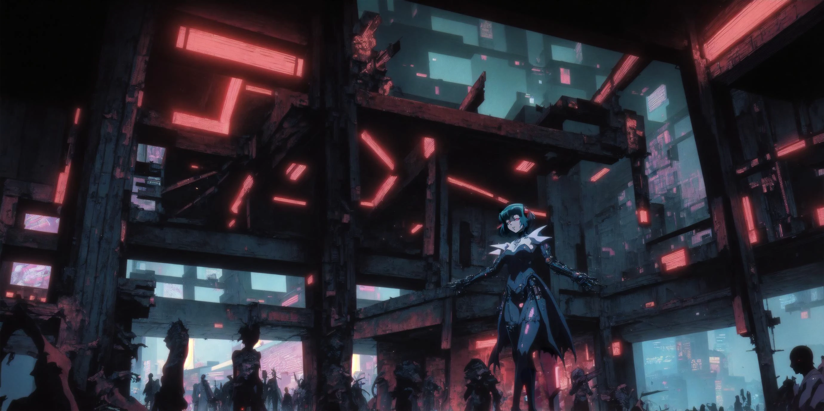 Generate a stunning (gothic architecture:1.9), (cyberpunk:1.9), (retro anime style:2), a true [masterpiece] [best quality] of art.
BREAK;
(full body:1.5), [solo, 1girl, tan:1.5,  gothic dress:, frills:1, bodysuit, jacket, short bridal veil,  walking].
BREAK;
The image showcases [detailed linework], [dynamic shading], and [dramatic lighting], bringing to life a [dreading atmosphere, grim dark coloures].