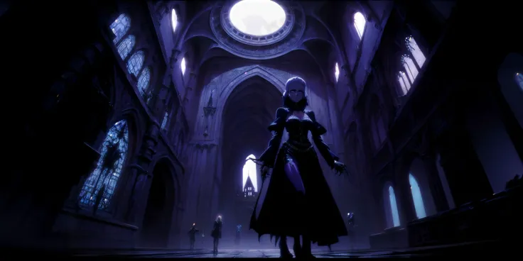 Generate a stunning (gothic architecture,  cyberpunk,  retro anime style:1.5),  a true [masterpiece] [best quality] of art.  [focus, solo, 1girl, ()dark skin:1.5, highly detailed gohtic dress, belt, walking]. Background in  [grand scale:1.5, panorama:1.5]. The image showcases [detailed linework], [dynamic shading], and [dramatic lighting], bringing to life a [dreading atmosphere, grim dark coloures].
