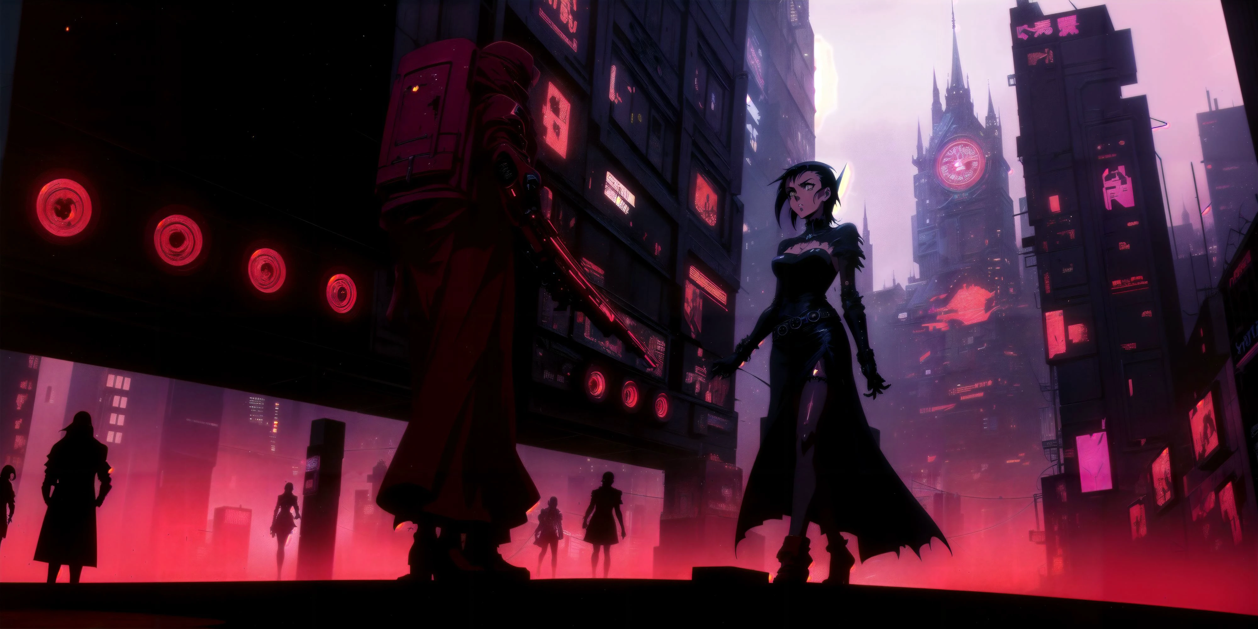 Generate a stunning (gothic architecture,  cyberpunk,  retro anime style:1.5),  a true [masterpiece] [best quality] of art.  [focus, solo, 1girl, ()dark skin:1.5, highly detailed gohtic dress, belt, walking]. Background in  [grand scale:1.5, panorama:1.5]. The image showcases [detailed linework], [dynamic shading], and [dramatic lighting], bringing to life a [dreading atmosphere, grim dark coloures].