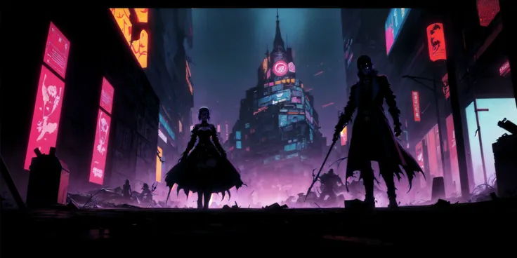 Generate a stunning (gothic architecture,  cyberpunk,  retro anime style:1.5),  a true [masterpiece] [best quality] of art.  [focus, solo, 1girl, dark skin:1.5, highly detailed gohtic dress, belt, walking]. Background in  [grand scale:1.5, panorama:1.5]. The image showcases [detailed linework], [dynamic shading], and [dramatic lighting], bringing to life a [dreading atmosphere, grim dark coloures].