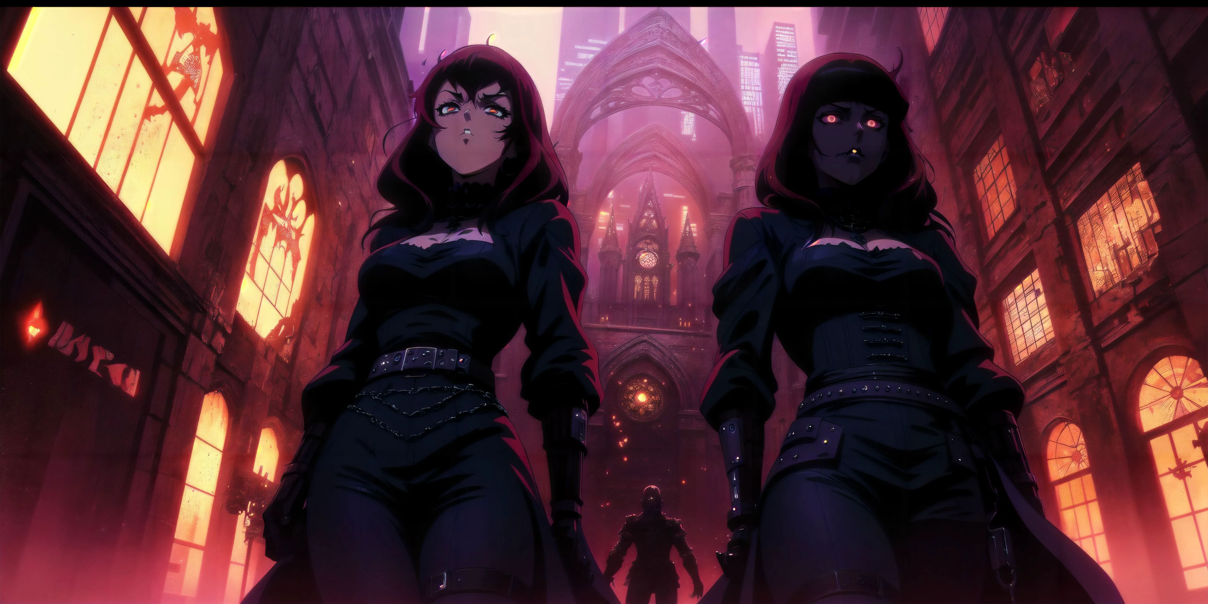 Generate a stunning (gothic architecture,  cyberpunk,  retro anime style:1.5),  a true [masterpiece] [best quality] of art.  [focus, solo, 1girl, dark skin, highly detailed gohtic dress, belt, walking]. Background in  [grand scale:1.5, panorama:1.5]. The image showcases [detailed linework], [dynamic shading], and [dramatic lighting], bringing to life a [dreading atmosphere, grim dark coloures].
