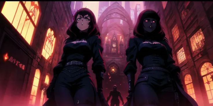 Generate a stunning (gothic architecture,  cyberpunk,  retro anime style:1.5),  a true [masterpiece] [best quality] of art.  [focus, solo, 1girl, dark skin, highly detailed gohtic dress, belt, walking]. Background in  [grand scale:1.5, panorama:1.5]. The image showcases [detailed linework], [dynamic shading], and [dramatic lighting], bringing to life a [dreading atmosphere, grim dark coloures].