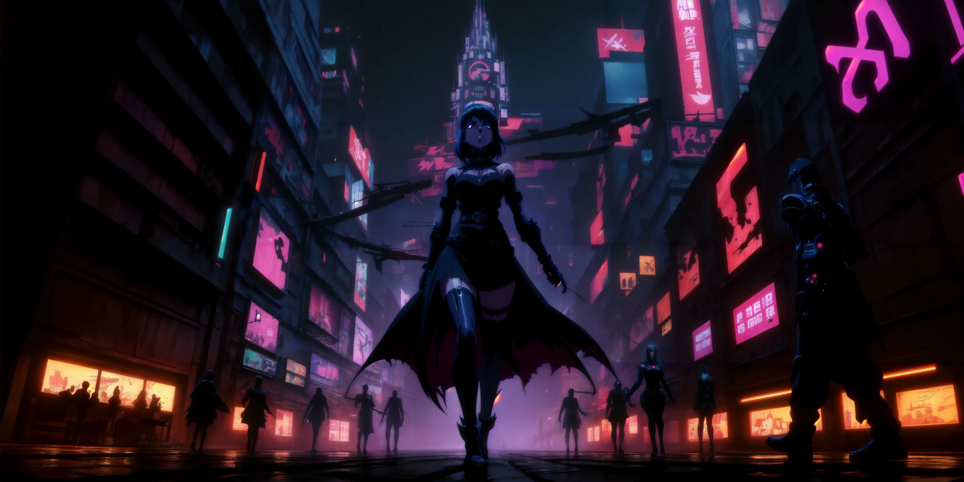 Generate a stunning (gothic architecture,  cyberpunk,  retro anime style:1.5),  a true [masterpiece] [best quality] of art.  [focus, solo, 1girl, ()dark skin:1.5, highly detailed gohtic dress, belt, walking]. Background in  [grand scale:1.5, panorama:1.5]. The image showcases [detailed linework], [dynamic shading], and [dramatic lighting], bringing to life a [dreading atmosphere, grim dark coloures].