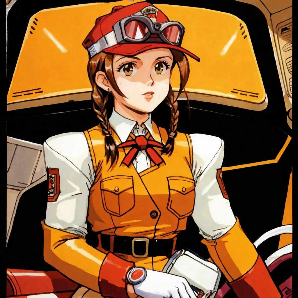 early 2000s style,science fiction illustration of a woman, small breasts,multiple hair braids, neneh,sitting in fighter cockpit, Orange Vest,Brown Hair,Red Hat,Visor Cap,Goggles on Head,White Long Sleeve Shirt,gloves,upper body <lora:NenehV2:0.8>