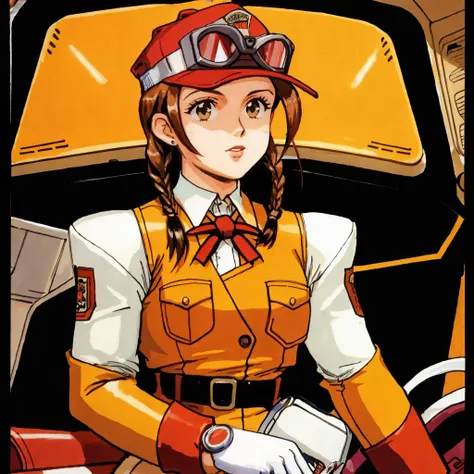 early 2000s style,science fiction illustration of a woman, small breasts,multiple hair braids, neneh,sitting in fighter cockpit, Orange Vest,Brown Hair,Red Hat,Visor Cap,Goggles on Head,White Long Sleeve Shirt,gloves,upper body  <lora:NenehV2:0.8>