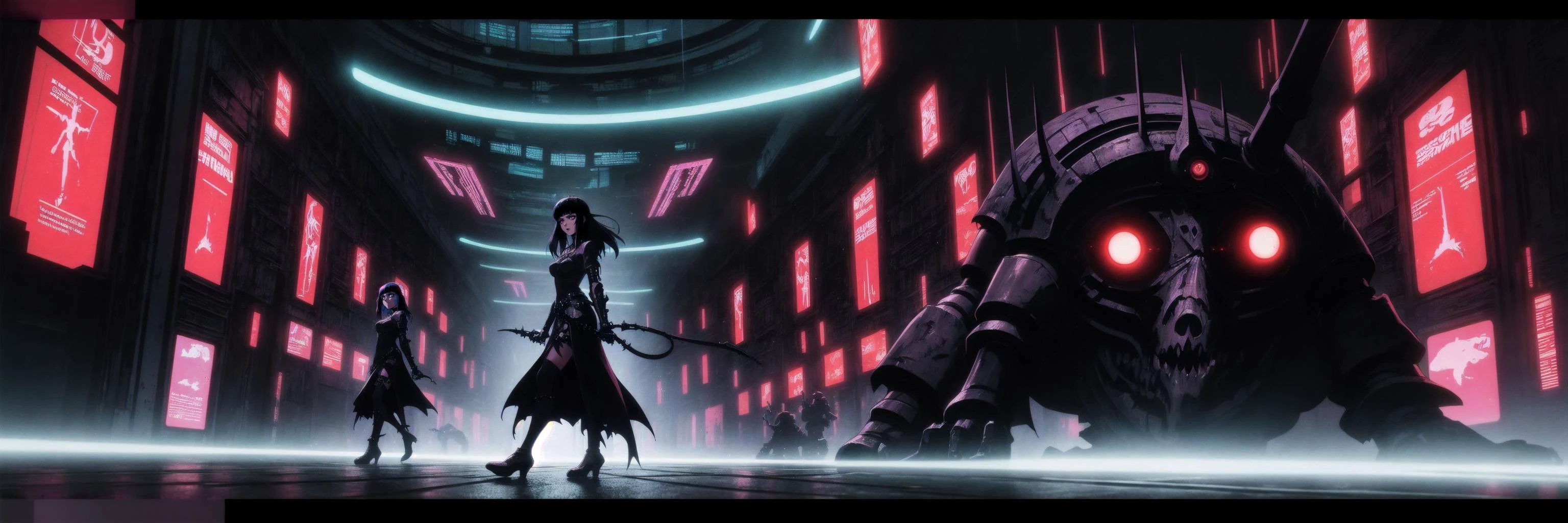 Generate a stunning (gothic architecture,  cyberpunk,  retro anime style:1.5),  a true [masterpiece] [best quality] of art.  [focus, solo, 1girl, ()dark skin:1.5, highly detailed gohtic dress, belt, walking]. Background in  [grand scale:1.5, panorama:1.5]. The image showcases [detailed linework], [dynamic shading], and [dramatic lighting], bringing to life a [dreading atmosphere, grim dark coloures].