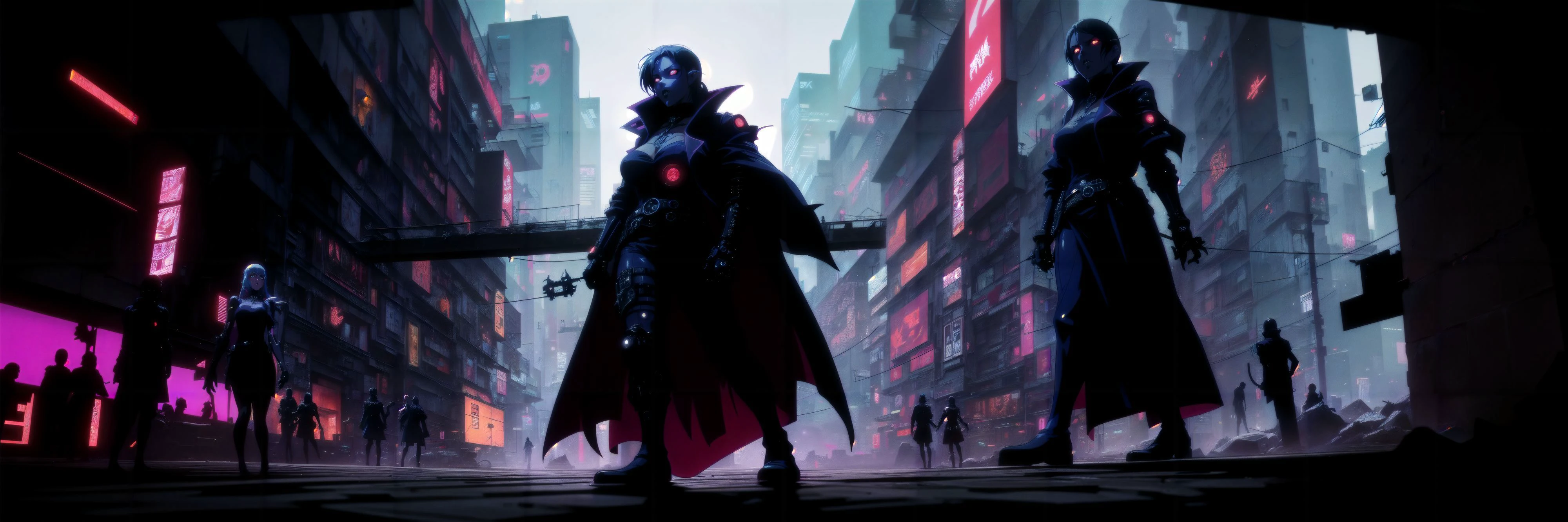 Generate a stunning (gothic architecture,  cyberpunk,  retro anime style:1.5),  a true [masterpiece] [best quality] of art.  [focus, solo, 1girl, ()dark skin:1.5, highly detailed gohtic dress, belt, walking]. Background in  [grand scale:1.5, panorama:1.5]. The image showcases [detailed linework], [dynamic shading], and [dramatic lighting], bringing to life a [dreading atmosphere, grim dark coloures].