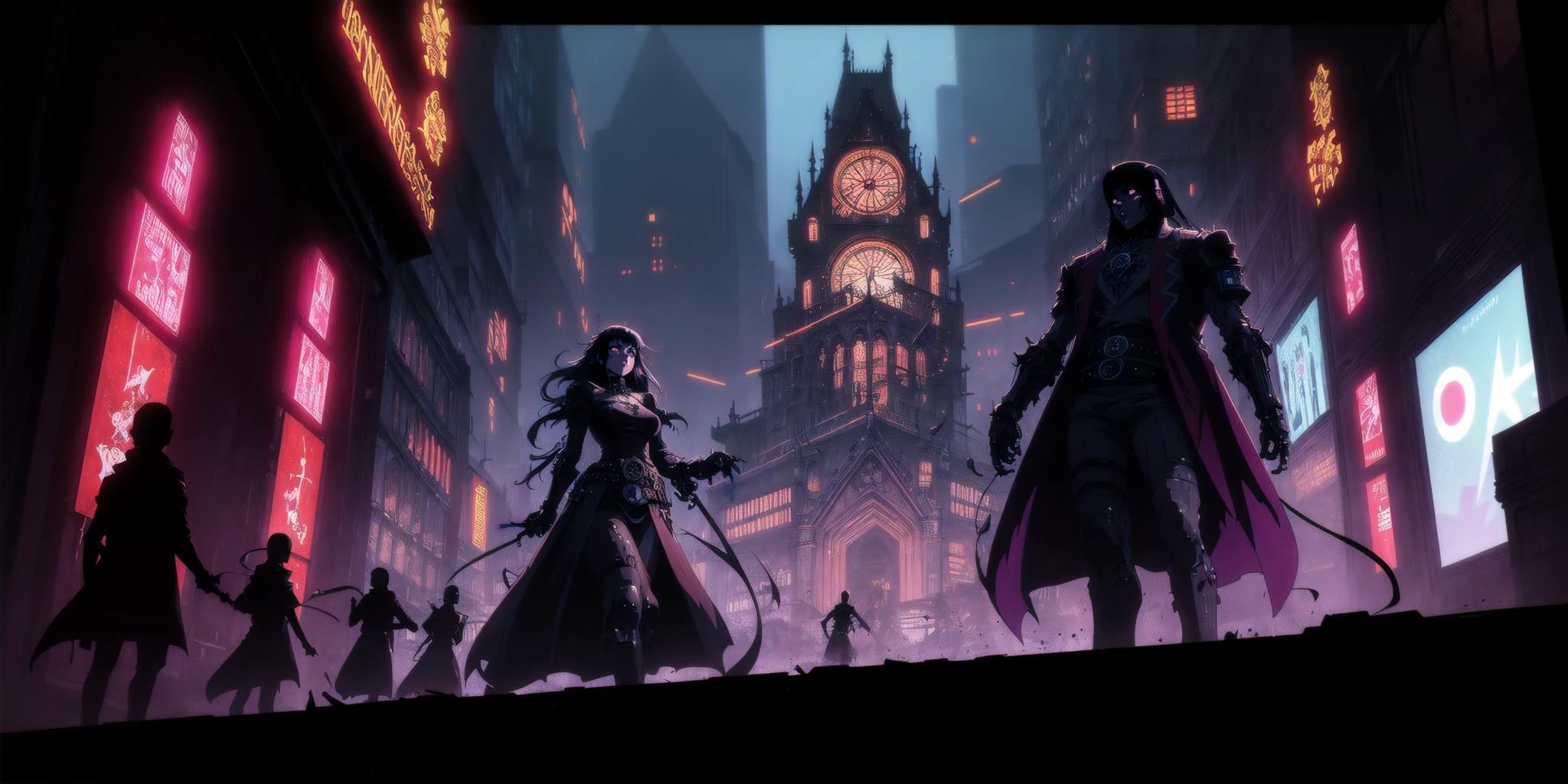 Generate a stunning (gothic architecture,  cyberpunk,  retro anime style:1.5),  a true [masterpiece] [best quality] of art.  [focus, solo, 1girl, dark skin, highly detailed gohtic dress, belt, walking]. Background in  [grand scale:1.5, panorama:1.5]. The image showcases [detailed linework], [dynamic shading], and [dramatic lighting], bringing to life a [dreading atmosphere, grim dark coloures].