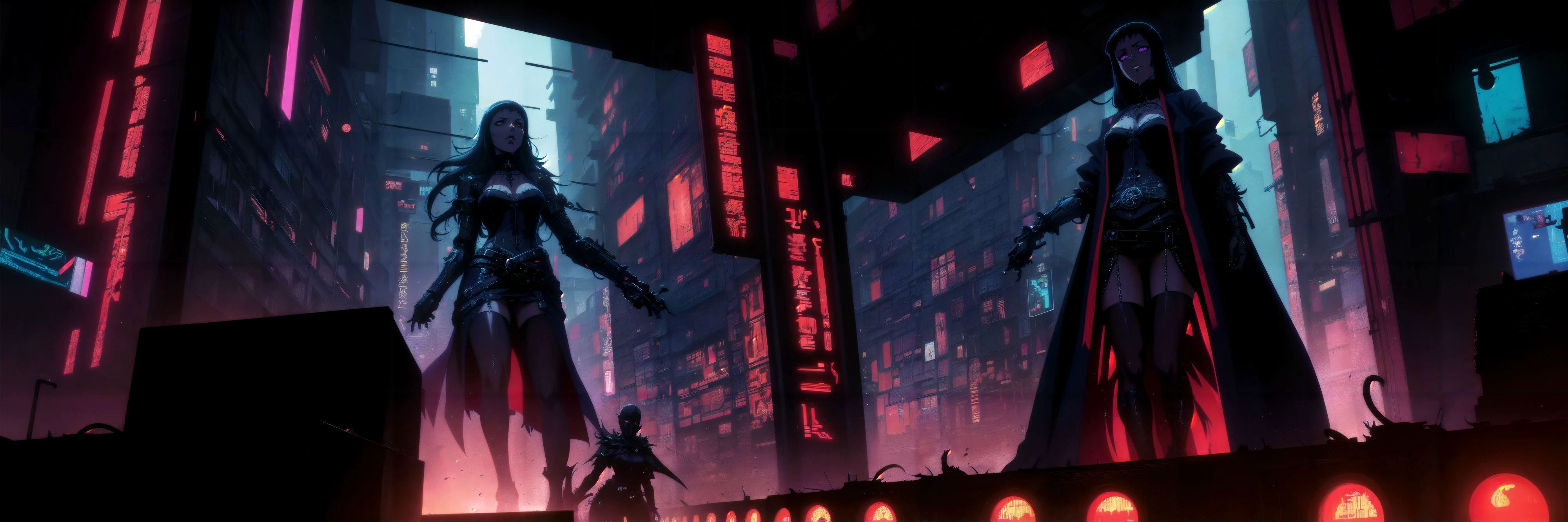 Generate a stunning (gothic architecture,  cyberpunk,  retro anime style:1.5),  a true [masterpiece] [best quality] of art.  [focus, solo, 1girl, ()dark skin:1.5, highly detailed gohtic dress, belt, walking]. Background in  [grand scale:1.5, panorama:1.5]. The image showcases [detailed linework], [dynamic shading], and [dramatic lighting], bringing to life a [dreading atmosphere, grim dark coloures].