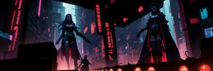 Generate a stunning (gothic architecture,  cyberpunk,  retro anime style:1.5),  a true [masterpiece] [best quality] of art.  [focus, solo, 1girl, ()dark skin:1.5, highly detailed gohtic dress, belt, walking]. Background in  [grand scale:1.5, panorama:1.5]. The image showcases [detailed linework], [dynamic shading], and [dramatic lighting], bringing to life a [dreading atmosphere, grim dark coloures].
