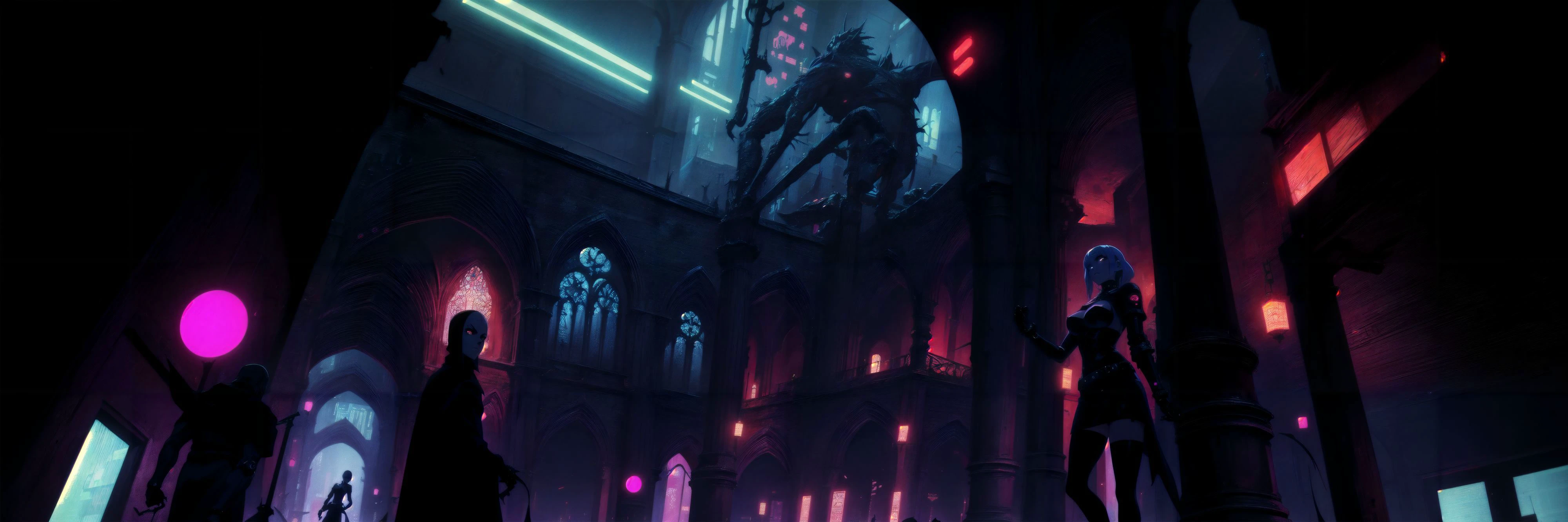 Generate a stunning (gothic architecture,  cyberpunk,  retro anime style:1.5),  a true [masterpiece] [best quality] of art.  [focus, solo, 1girl, (dark skin:1.5), highly detailed gohtic dress, belt, walking]. Background in  [grand scale:1.5, panorama:1.5]. The image showcases [detailed linework], [dynamic shading], and [dramatic lighting], bringing to life a [dreading atmosphere, grim dark coloures].