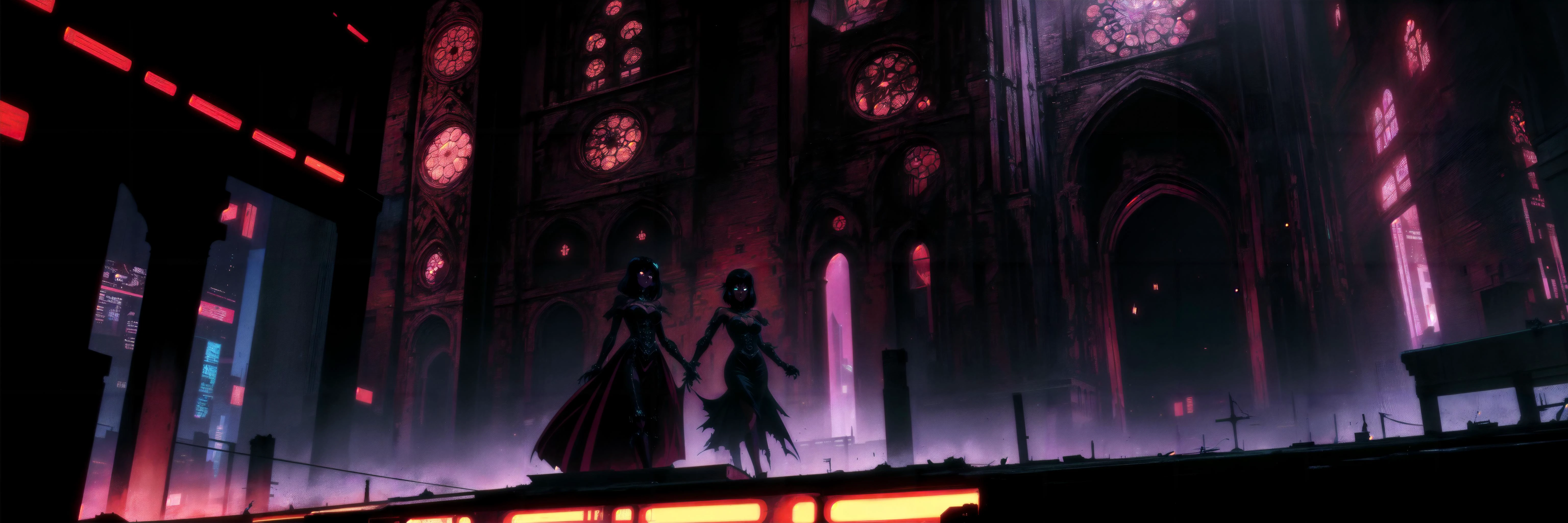 Generate a stunning (gothic architecture,  cyberpunk,  retro anime style:1.5),  a true [masterpiece] [best quality] of art.  [focus, solo, 1girl, (dark skin:1.5), highly detailed gohtic dress, belt, walking]. Background in  [grand scale:1.5, panorama:1.5]. The image showcases [detailed linework], [dynamic shading], and [dramatic lighting], bringing to life a [dreading atmosphere, grim dark coloures].